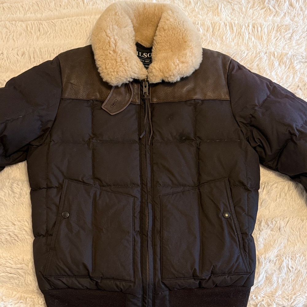 Filson Dark Brown Puffer Jacket with Shearling Collar